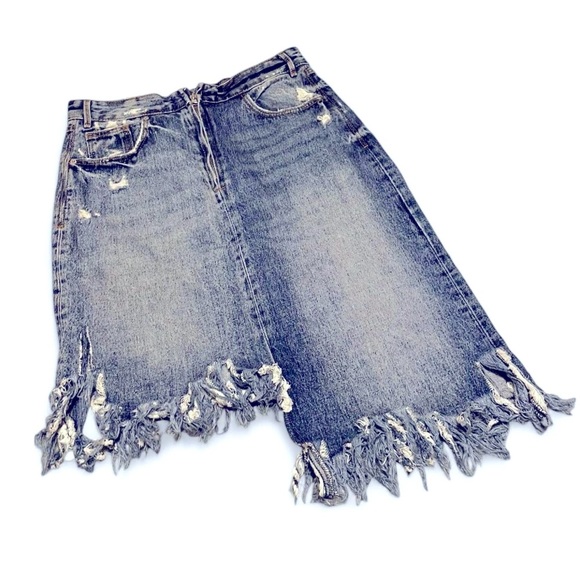 Distressed Denim Skirt with Frayed Hem - Picture 1 of 4